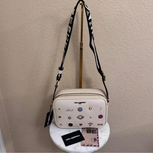 NWT KARL LAGERFELD Maybelle beige fun Embellished pins Crossbody Bag double zip - Picture 3 of 6